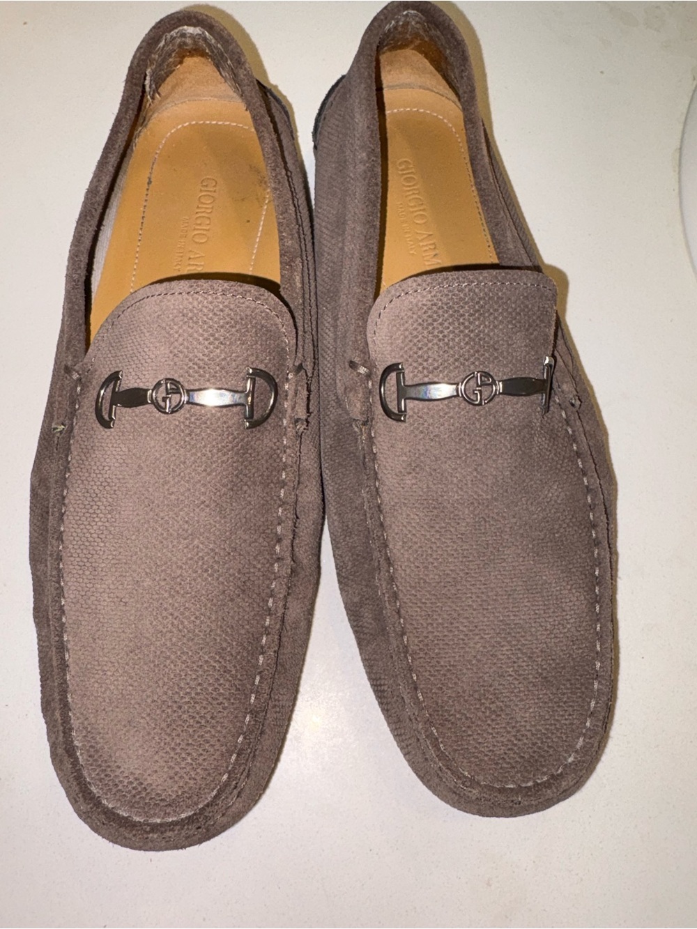 Authentic Giorgio Armani Taupe Suede Horse-bit Driving Loafers – Size 8